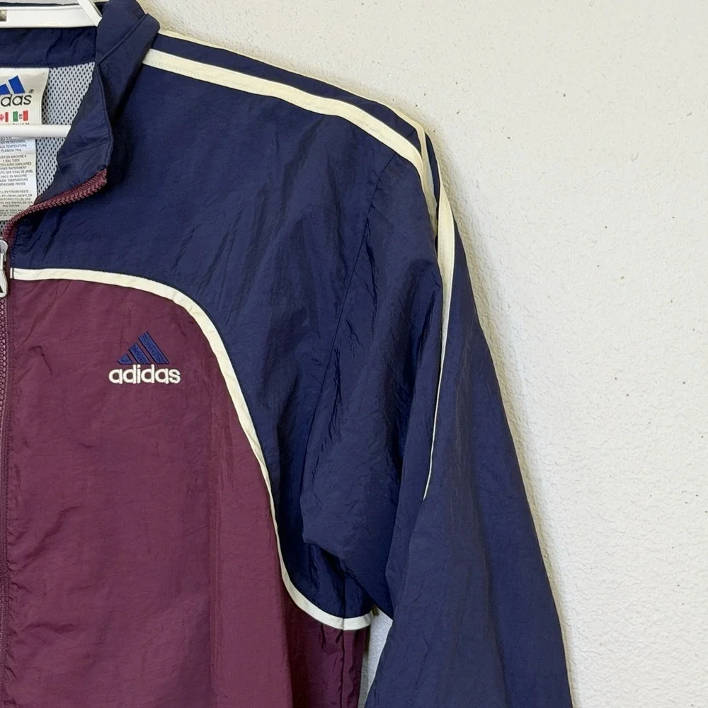 Adidas Windbreaker Jacket Mens Size Medium Maroon Blue Full Zip Pockets Vintage